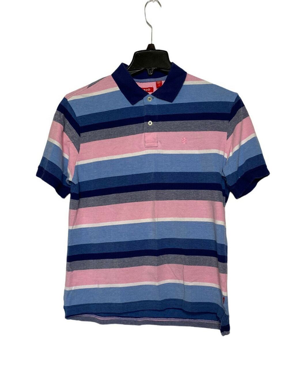 IZOD Mens Polo Shirt Short Sleeve Striped Pink Blue Navy M Cotton Blend golf